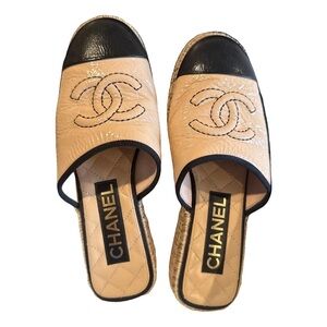 Chanel Tan and Black Mules